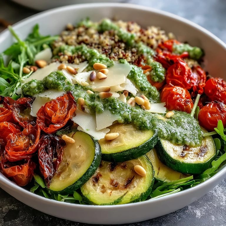Vivid Arugula Pesto Bowl garnished with pine nuts and fresh greens, served on a white plate ready for a quick dinner.