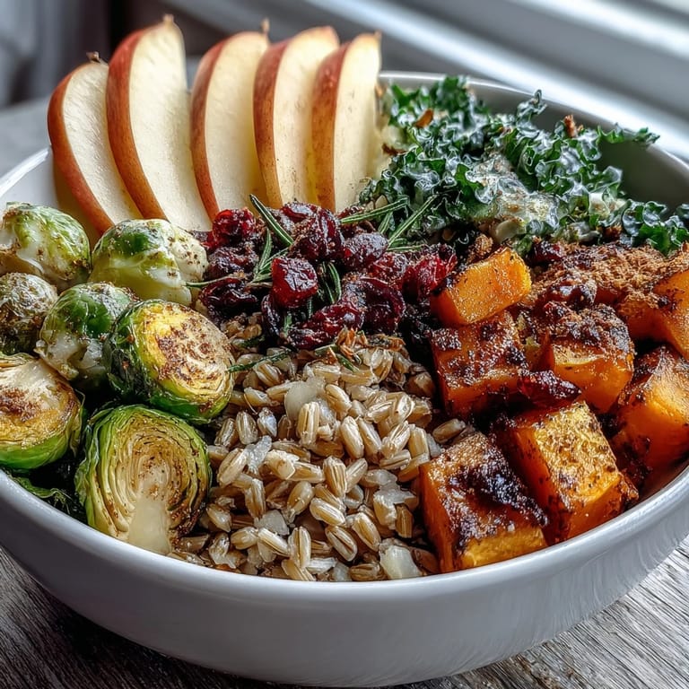 Healthy Fall Vegetable Bowl garnished with pumpkin seeds and cranberries, showcasing golden roasted squash and Brussels sprouts.