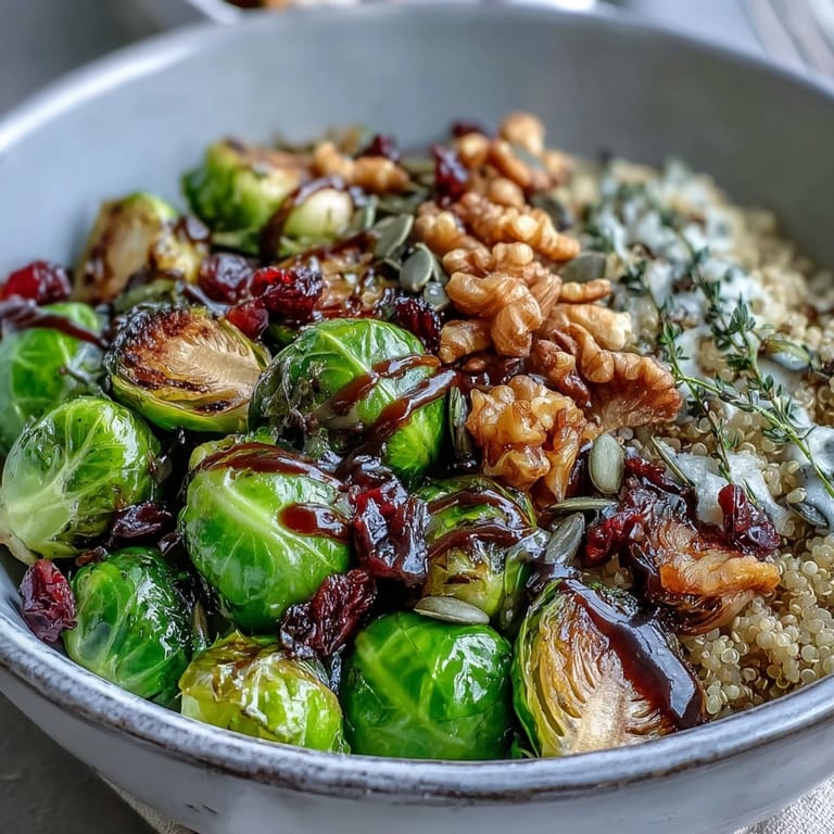 Golden caramelized Brussels sprouts with toasted pecans and cranberries in a wholesome vegan bowl, perfect for a healthy lunch or dinner.