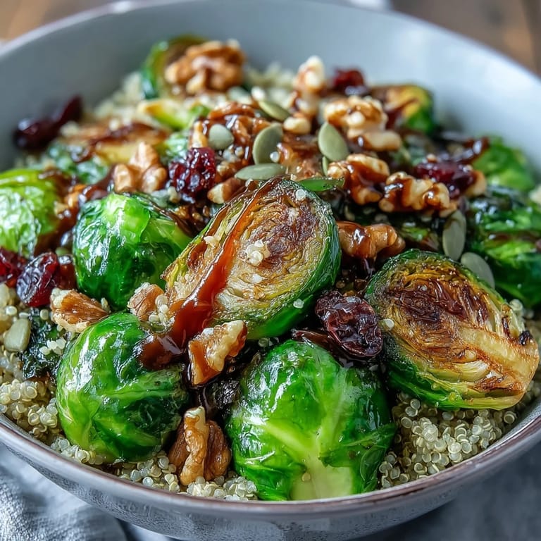 Hearty roasted Brussels sprouts and red onions served over warm brown rice and drizzled with tangy balsamic glaze in a ceramic bowl.