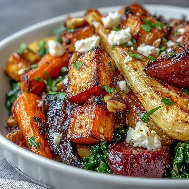 A drizzle of warm, tangy dressing coats the caramelized vegetables in this nourishing bowl.
