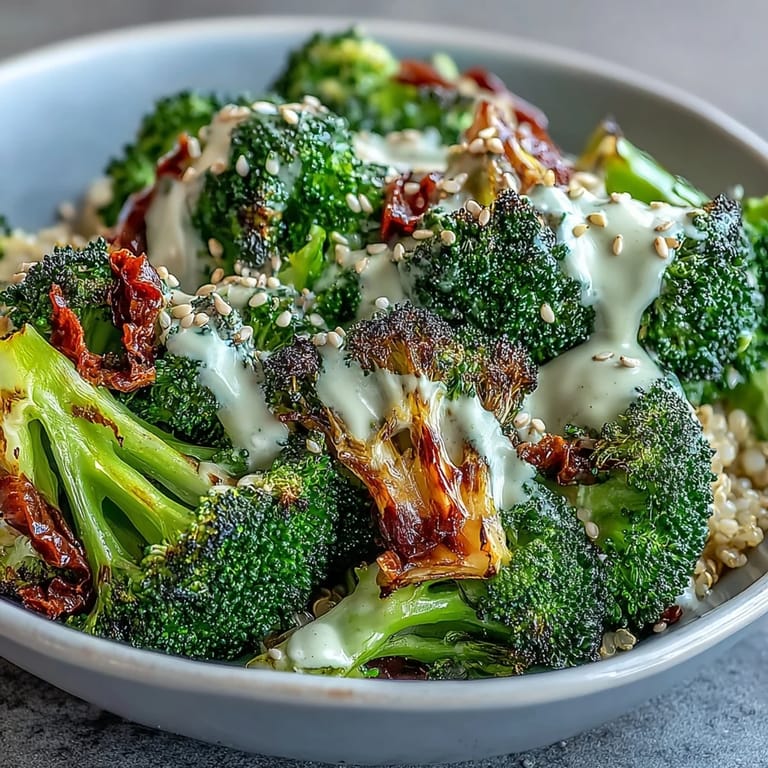 Healthy vegan roasted broccoli bowl served warm with lemon wedges and sesame seeds, perfect for a quick dinner.
