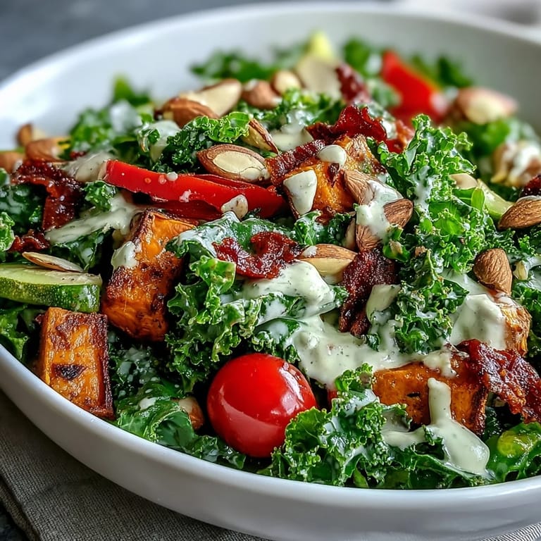 Bright cherry tomatoes and chopped almonds add crunch to this healthy Kale Salad Bowl.