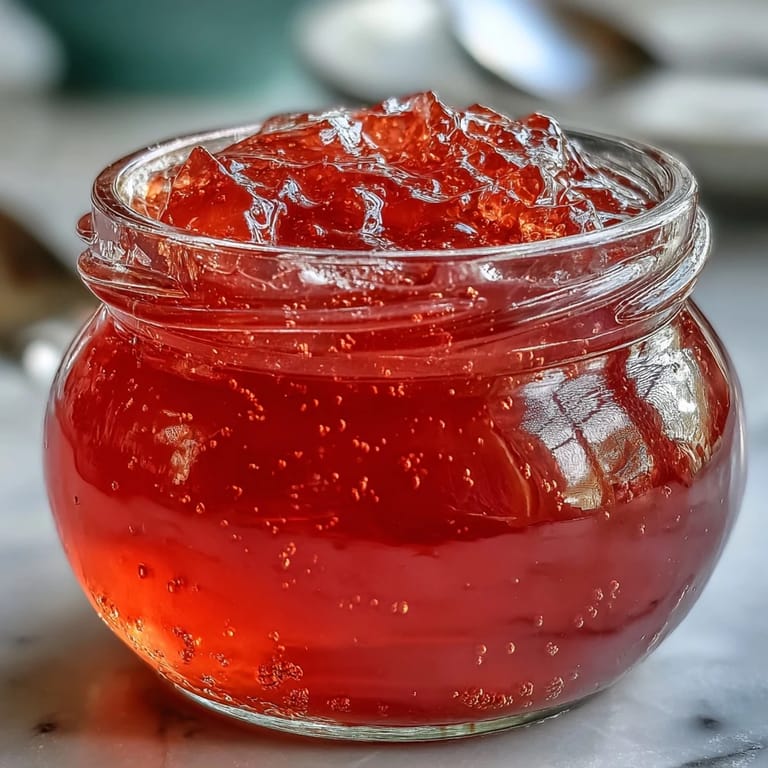Jewel-toned guava jelly in a clear jar, glistening and ready for serving with breakfast toast or scones.