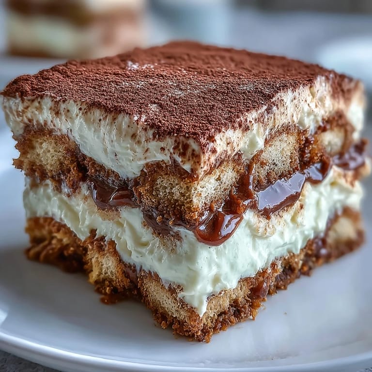 A slice of Hojicha Tiramisu on a white plate, revealing the rich mascarpone and tea-soaked ladyfingers inside.