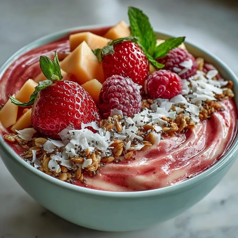 Two vibrant bowls of Guava and Mango Smoothie Bowl garnished with mint and tropical fruit toppings.