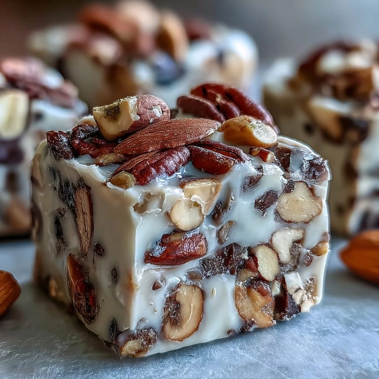 Stacked pieces of homemade Japanese-inspired Hojicha Nougat, showcasing the matte finish of roasted tea powder and buttery, nutty ingredients.