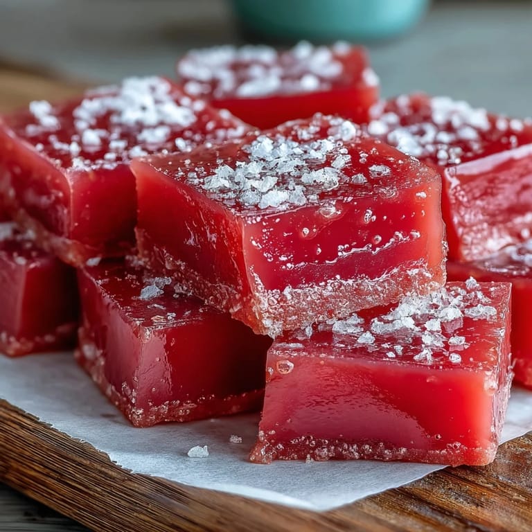 Freshly cut Guava Cheese pieces glistening with buttery sheen, showcasing a vibrant tropical hue and jewel-like squares.