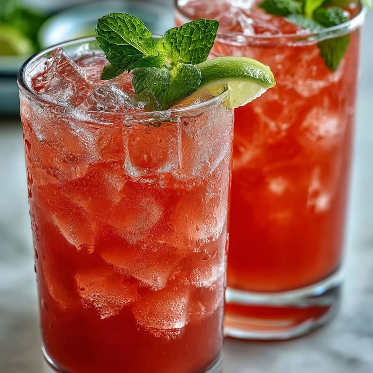 Two refreshing glasses of homemade guava nectar drink filled with ice and mint leaves.
