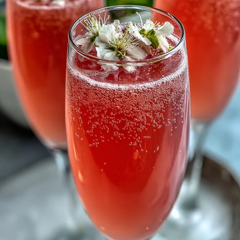 Glistening pink Elderflower Guava Mimosa with a guava slice garnish, poured alongside a bottle of chilled champagne.
