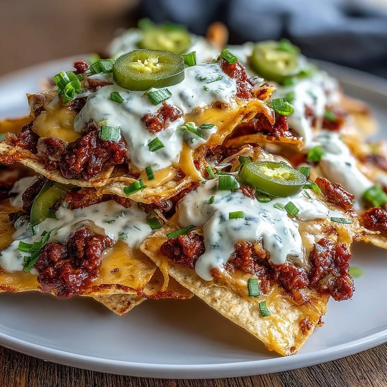 A big platter of Loaded Baseball Nachos with gooey cheddar sauce, spicy jalapeños, and juicy beef, ideal for sharing.  
