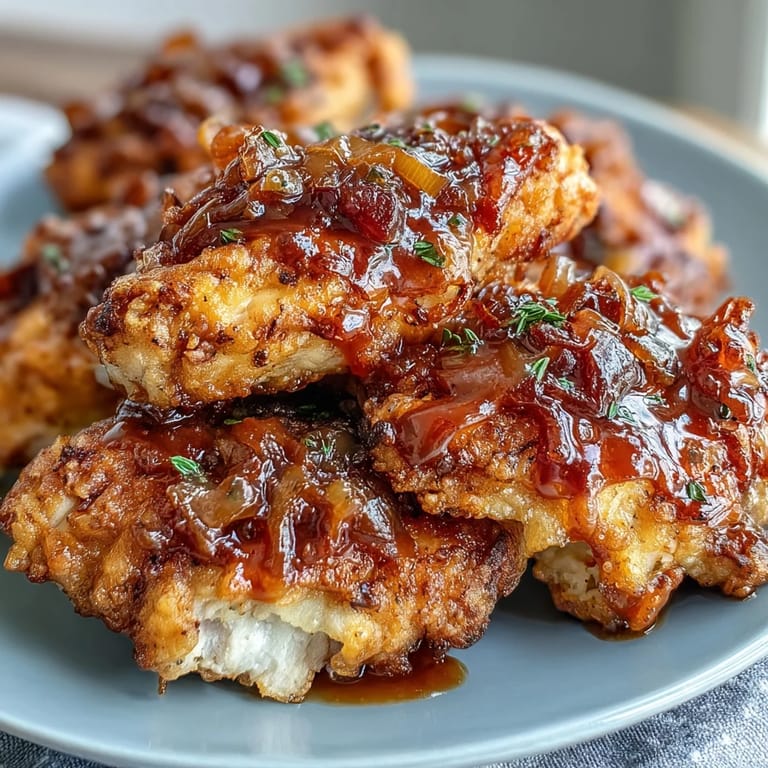 Homestyle Soul Food Smothered Chicken with Caramelized Onion Gravy, served steaming from the skillet.