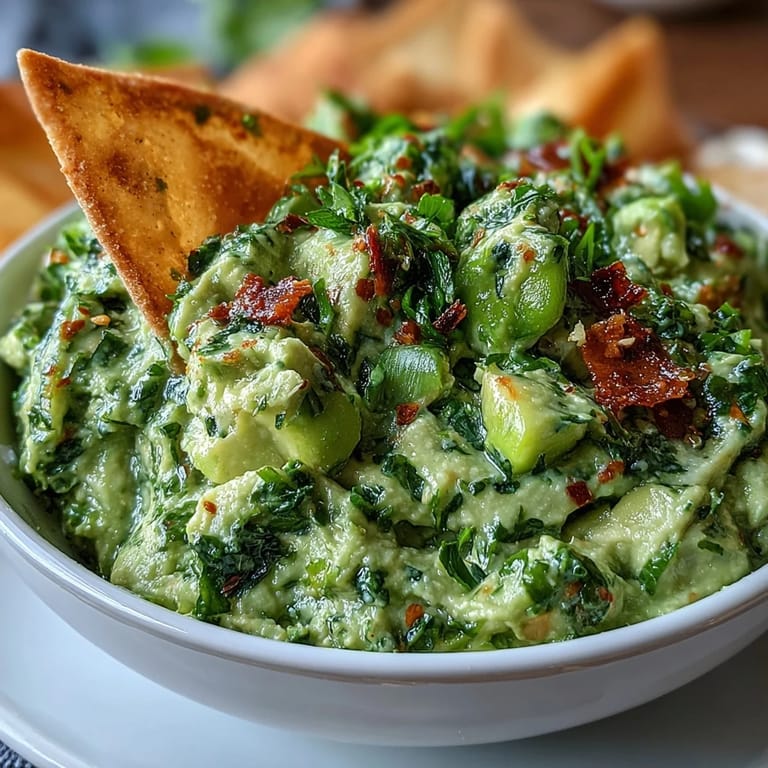 Vibrant green edamame guacamole paired with warm, lightly spiced pita chips—perfect for dipping and sharing.  