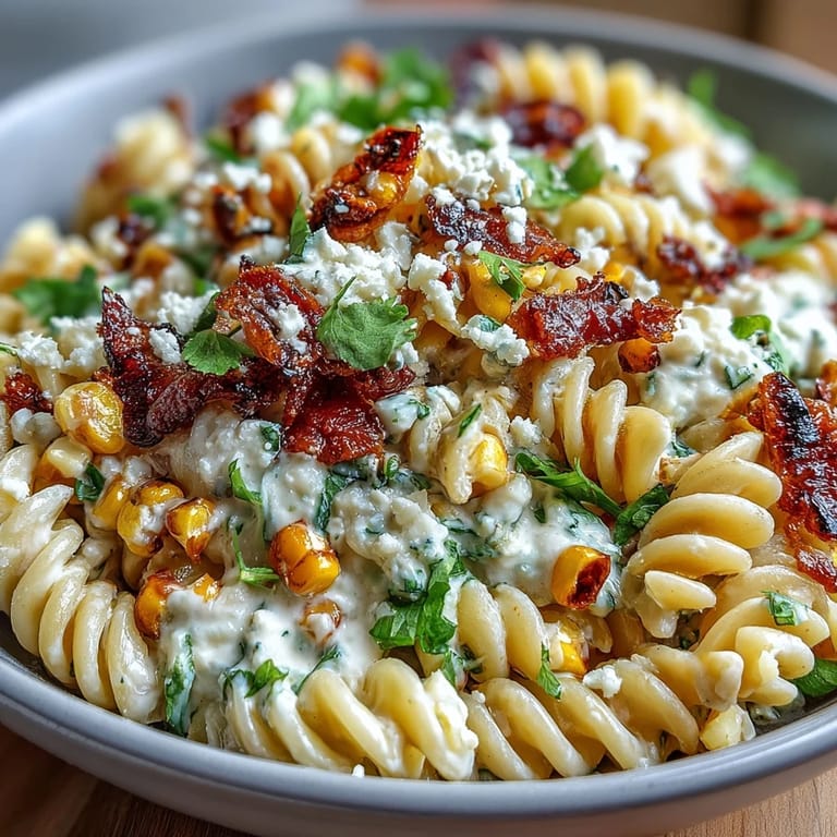 Creamy pasta salad featuring Mexican street corn flavors, tangy Cotija, and smoky chili-lime dressing. Bright, refreshing, and easy to make for potlucks or BBQs.