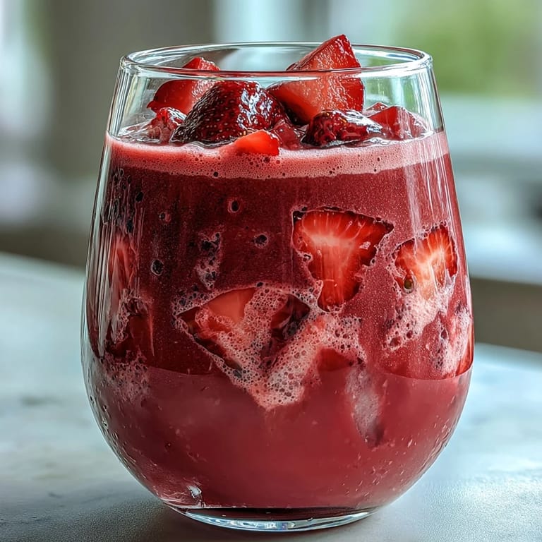 Bright pink strawberry açaí and coconut milk beverage, topped with fresh berries, perfect for a fruity summer refresher.