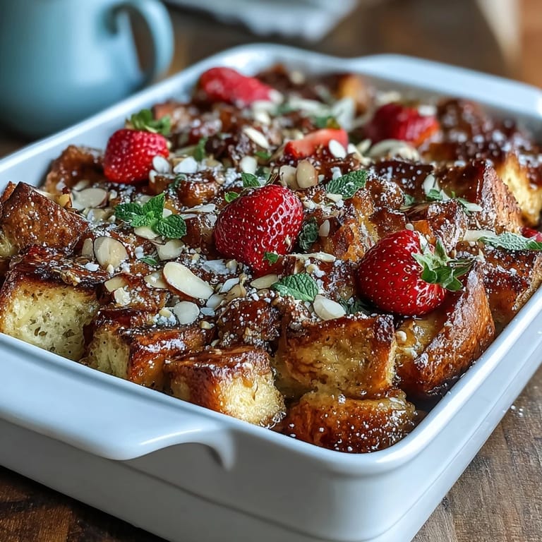 Fluffy brioche French toast bake layered with fresh strawberries, creamy custard, and crunchy almonds—an easy make-ahead breakfast for a crowd.