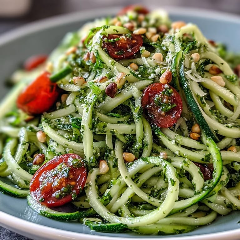 Spiralized zucchini noodles with bright cherry tomatoes and homemade pesto, a fresh and flavorful vegetarian dish.  