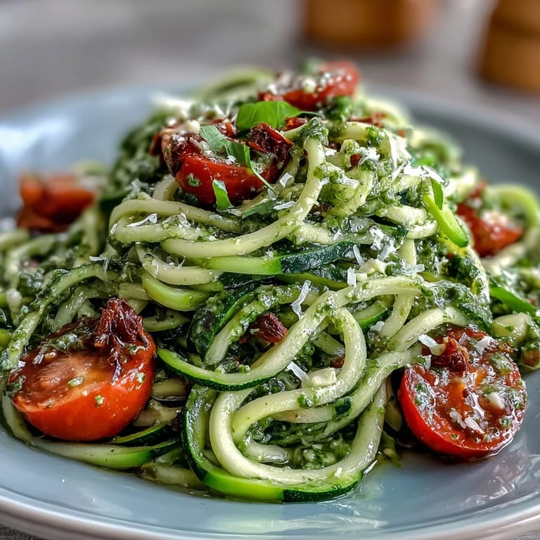 Colorful zucchini noodles with basil pesto and cherry tomatoes, a quick and easy gluten-free dinner idea.