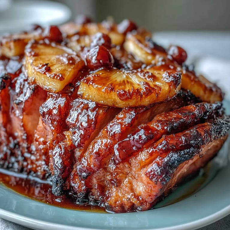 A golden-baked Honey Glazed Ham with Pineapple, studded with maraschino cherries and glistening with caramelized honey, makes a stunning holiday table.