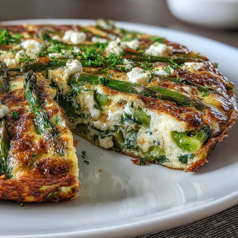A golden, oven-baked frittata filled with asparagus, peas, and creamy goat cheese, perfect for a bright spring brunch.