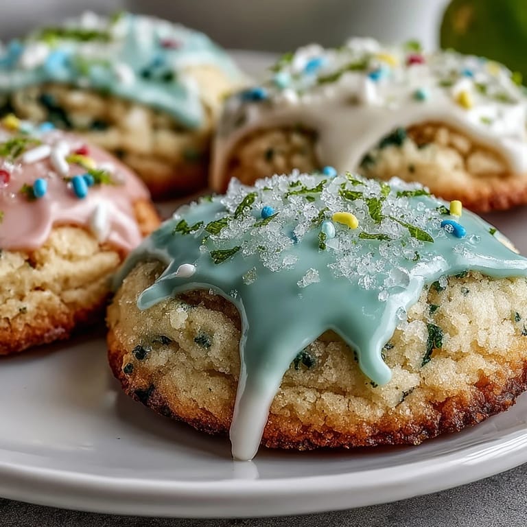 Delicate lemon-infused cookies topped with soft pastel glaze, a colorful treat for festive gatherings or Easter brunch.