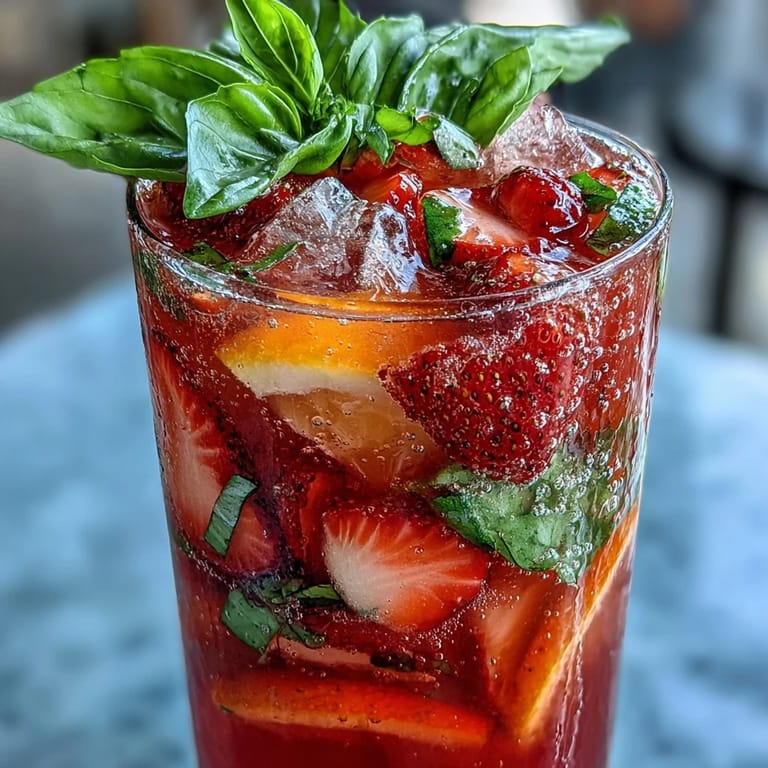 Vibrant alcohol-free sangria mocktail featuring ripe strawberries, orange, and lemon slices with fresh basil garnish.