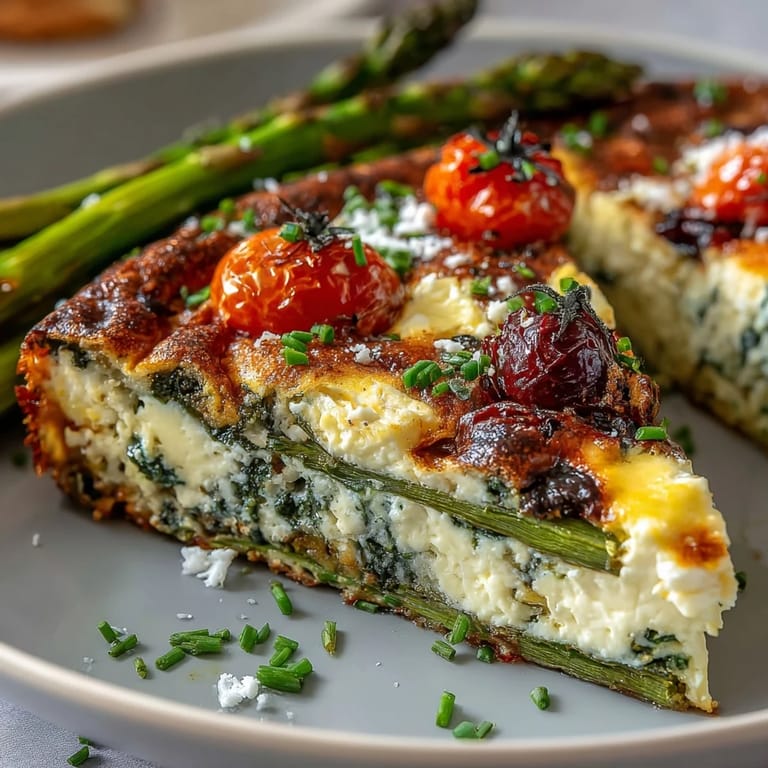 Fluffy sheet pan frittata loaded with asparagus, cherry tomatoes, and bell peppers, topped with crumbled feta and fresh parsley for a vibrant Easter morning dish.