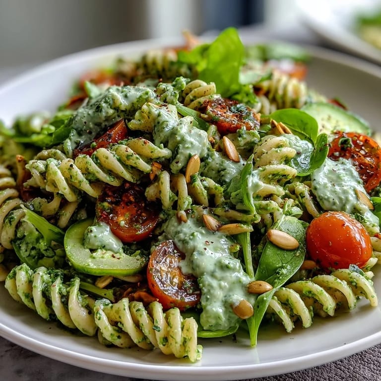 Colorful green goddess pasta salad featuring cherry tomatoes, cucumbers, and spinach tossed in a rich avocado-basil dressing.  