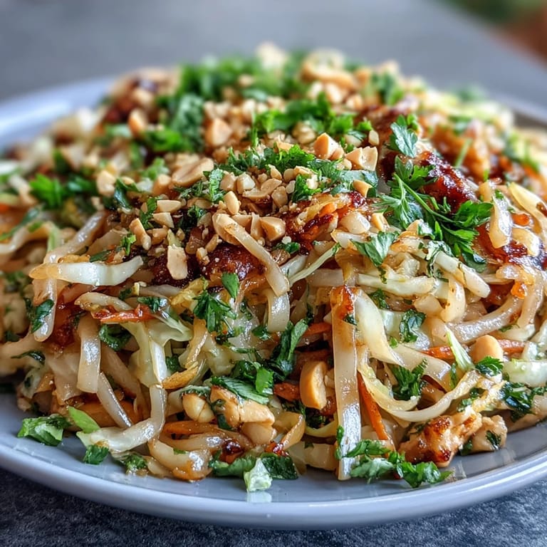 A colorful Cabbage Pad Thai dish featuring shredded cabbage, crunchy peanuts, and fresh lime, offering a fresh twist on the classic Thai favorite.