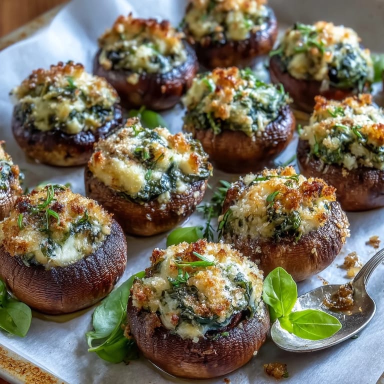 These savory stuffed mushrooms feature tender caps packed with fresh spinach, ricotta, and aromatic herbs for an elegant appetizer.  