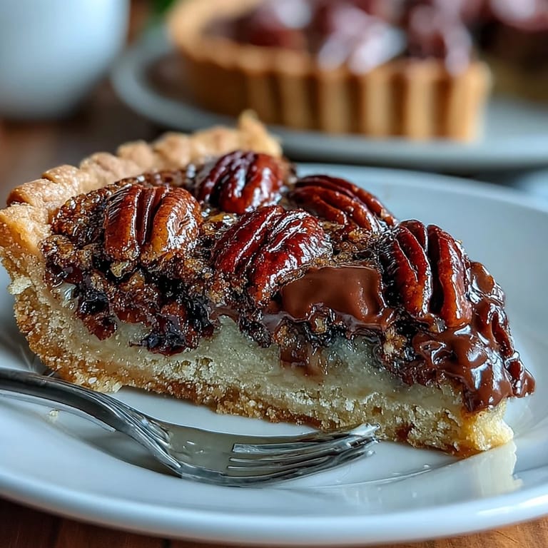 Decadent chocolate bourbon pecan tart slice on a white plate, showcasing gooey filling and crunchy toasted pecans.