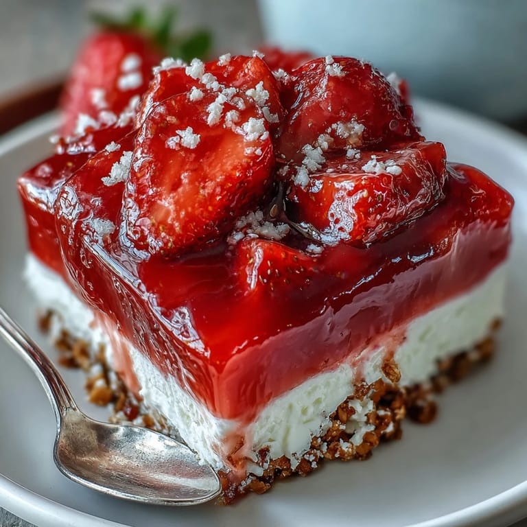 Sweet and salty strawberry pretzel salad featuring a buttery pretzel base, smooth cream cheese filling, and juicy strawberries in strawberry gelatin.