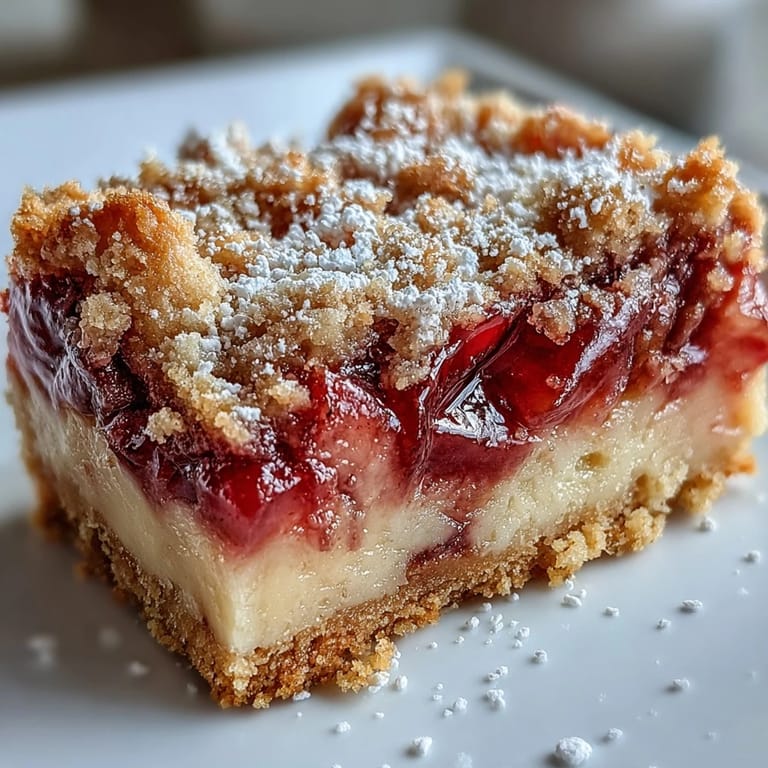 Tangy rhubarb and creamy custard layered on rich shortbread, dusted with powdered sugar.