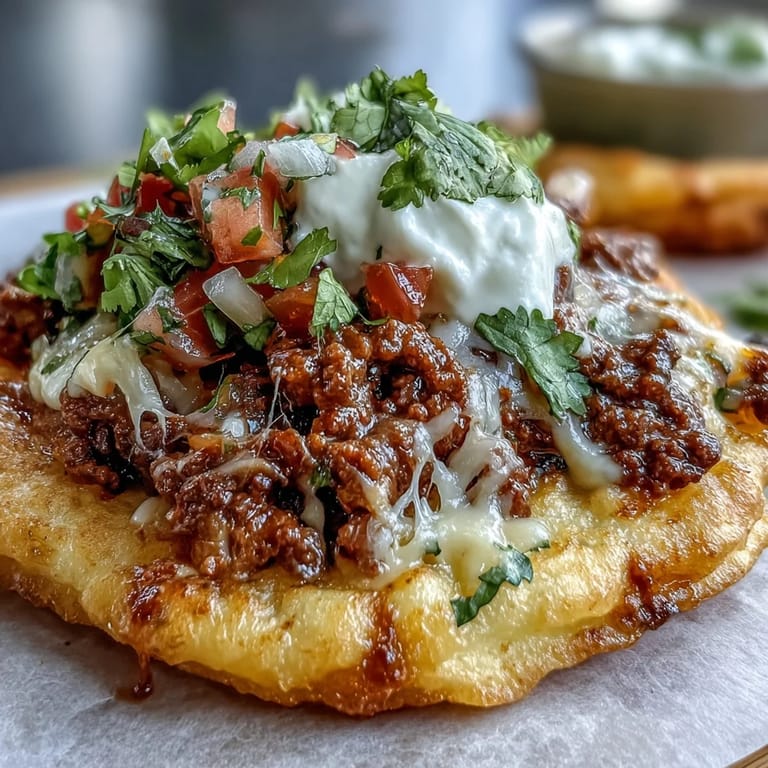 Golden cloud bread taco shells topped with seasoned beef and bright, fresh pico de gallo.