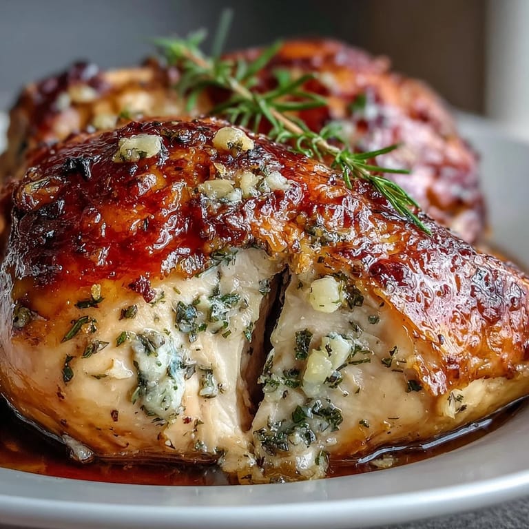 Herb butter roast chicken with preserved lemon and aromatic thyme, golden skin crisped to perfection, resting on a bed of roasted vegetables.