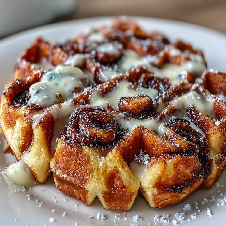 Warm Cinnamon Roll Waffles drizzled with cream cheese glaze, featuring a tender waffle base and a gooey cinnamon-sugar swirl in every bite.
