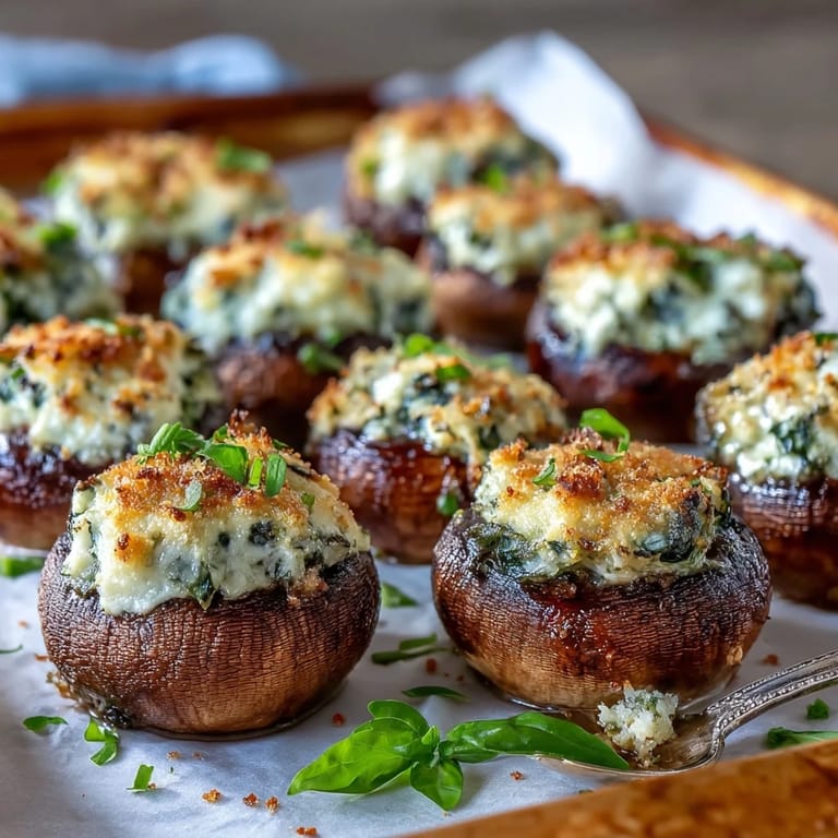 Easy vegetarian stuffed mushrooms with spinach and ricotta, topped with golden breadcrumbs, perfect for parties and gatherings.