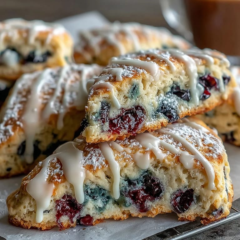 Fluffy homemade scones loaded with sweet blueberries and topped with a tangy lemon glaze, ideal for weekend brunch.
