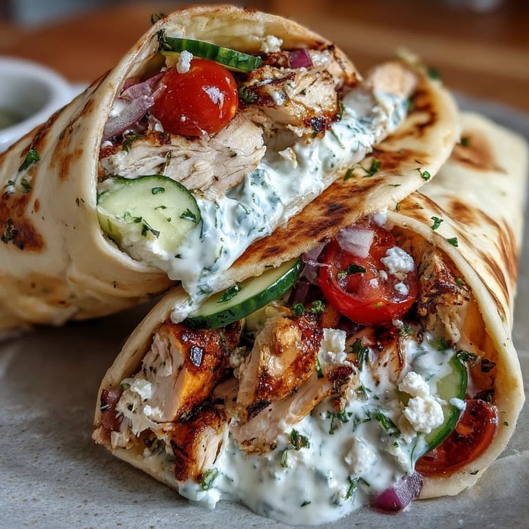 Grilled Tzatziki Chicken Wraps showcasing fresh ingredients against soft flatbread, ready to eat.