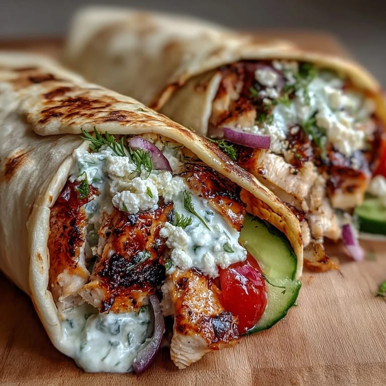 Colorfully assembled Tzatziki Chicken Wraps drizzled with creamy sauce, a delightful Mediterranean bite.