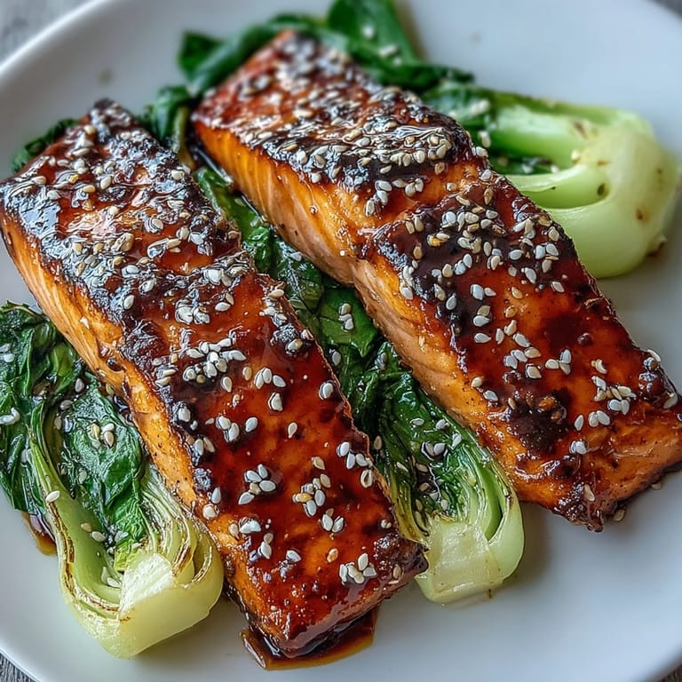 Savory miso glazed salmon and crisp sesame bok choy, an easy, flavorful Asian fusion weeknight dinner.