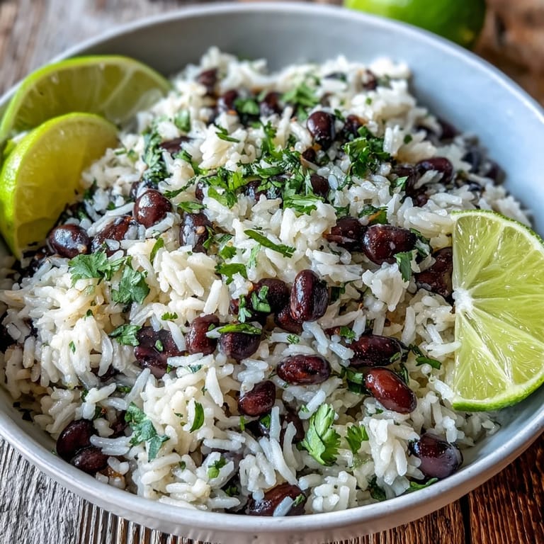 Fluffy coconut lime rice dish, ready to be served with lime wedges.