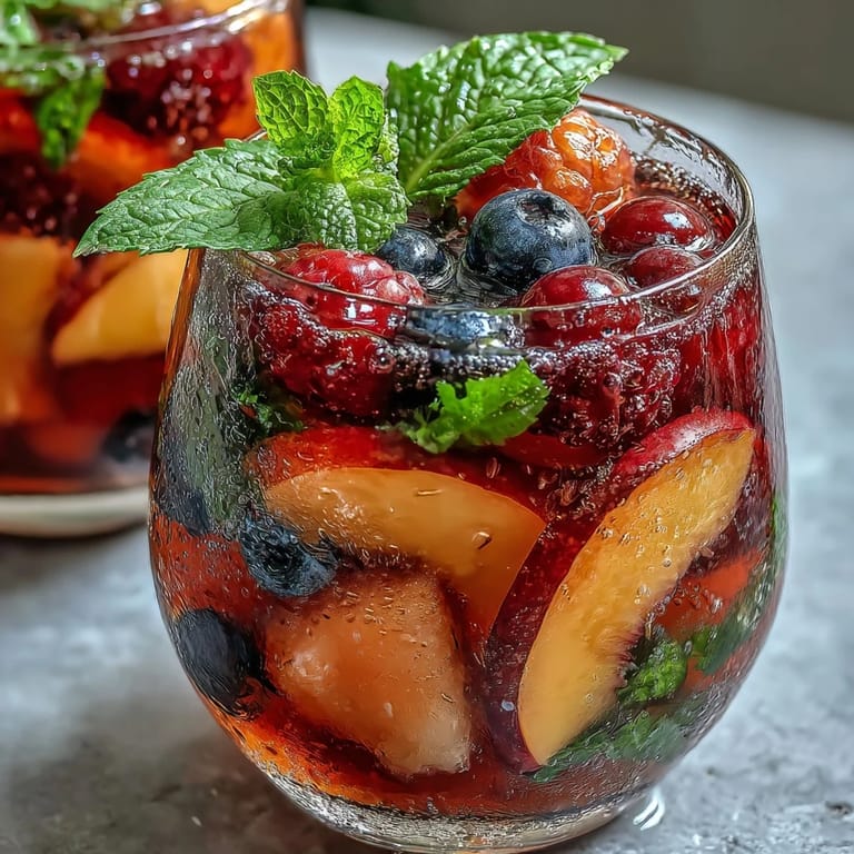 Enjoy this alcohol-free Summer Sangria Mocktail with fresh fruit garnish.
