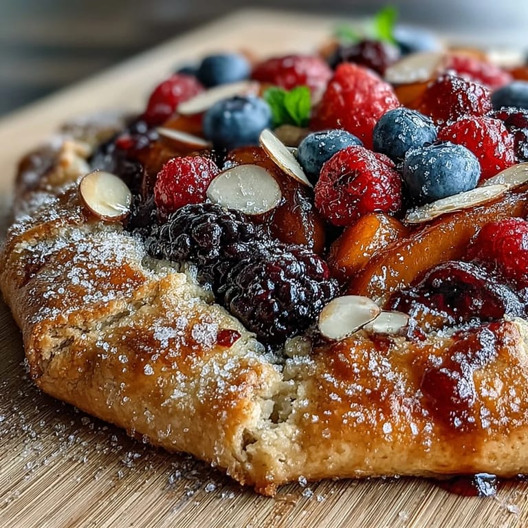 Enjoy a delightful Summer Berry Galette topped with crunchy almonds and sparkling sugar.