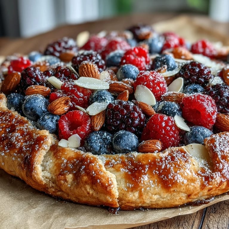 Juicy summer berries spill from a flaky almond crust in this beautiful rustic galette.