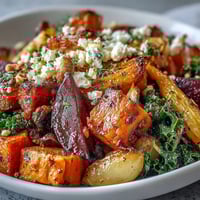 Roasted carrots, parsnips, and beets for the Winter Root Vegetable Bowl over massaged kale.