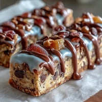 Vibrant cookie bars with chocolate chips and colorful candies, drizzled with white chocolate for a festive graduation dessert.  