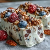 Frozen yogurt bark with berries and granola, a colorful summer snack on a white tray.