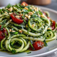 Vibrant zucchini noodles tossed with fresh basil pesto and juicy cherry tomatoes, a light and healthy summer meal.  