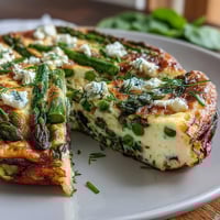 Spring Frittata with Asparagus, Peas and Goat Cheese on a rustic table, garnished with fresh herbs and sliced for serving.